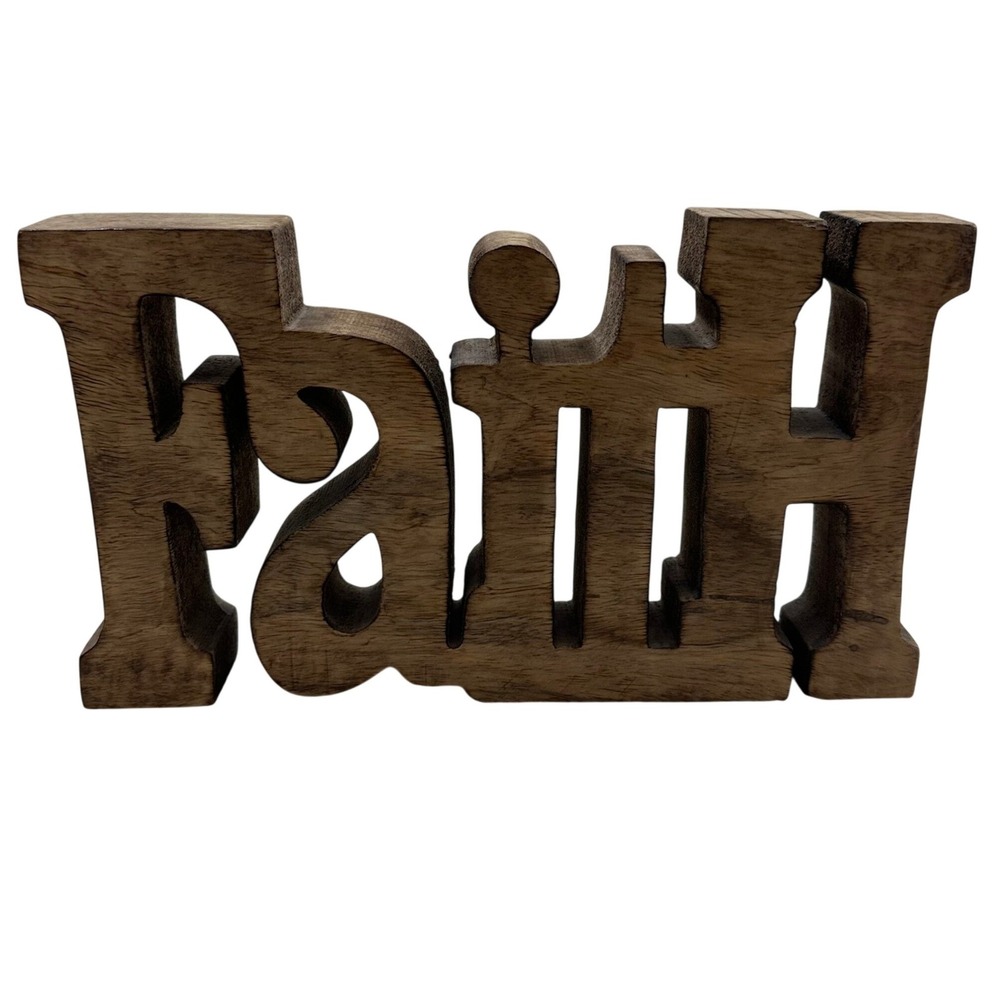 Rustic Solid Wood Faith Block Sign Freestanding Brown Stained Tabletop Decor